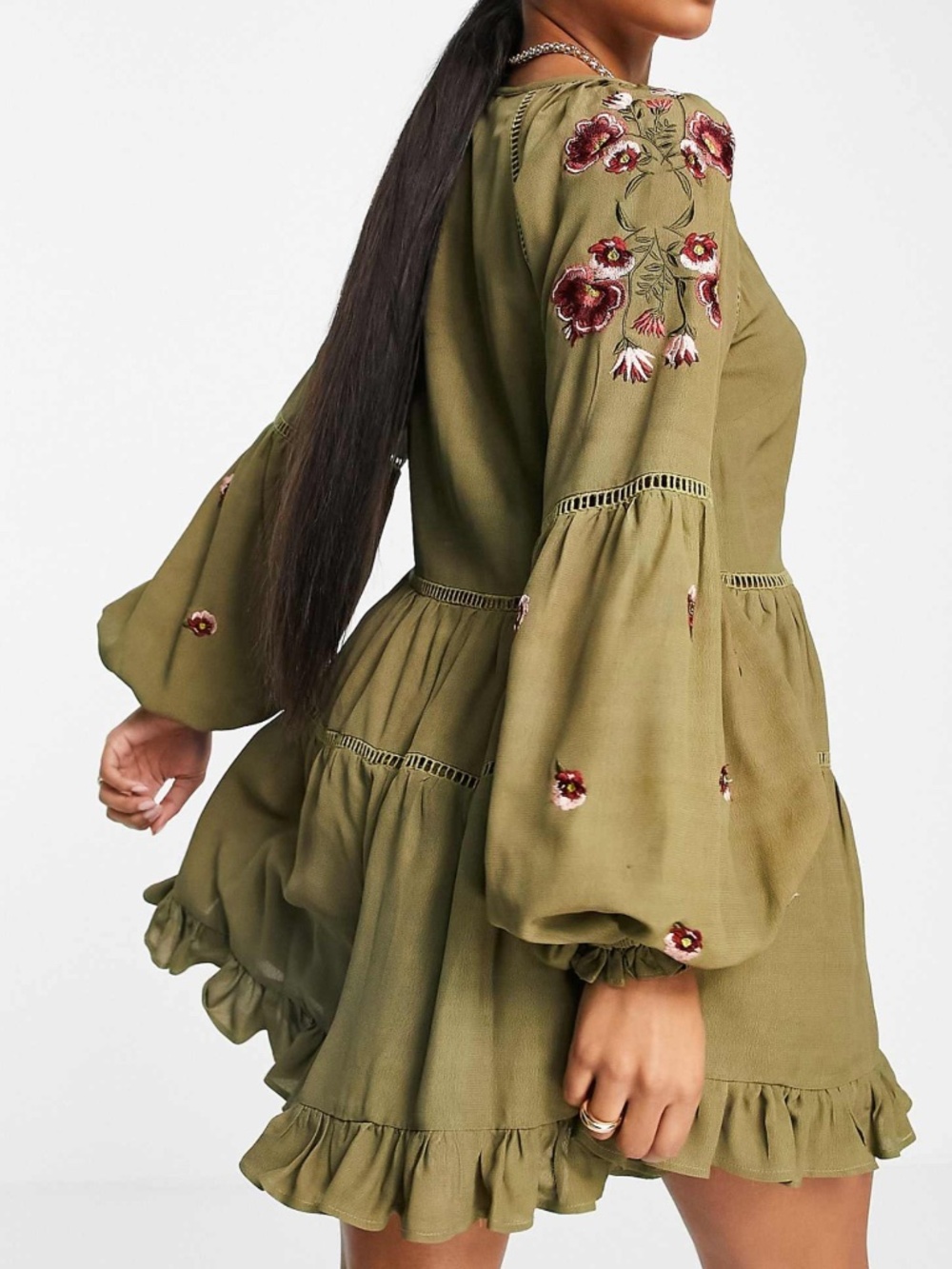 NWT ASOS DESIGN Lace Trim and Embroidered Long Sleeve Romper in khaki Size 14 - Picture 2 of 16